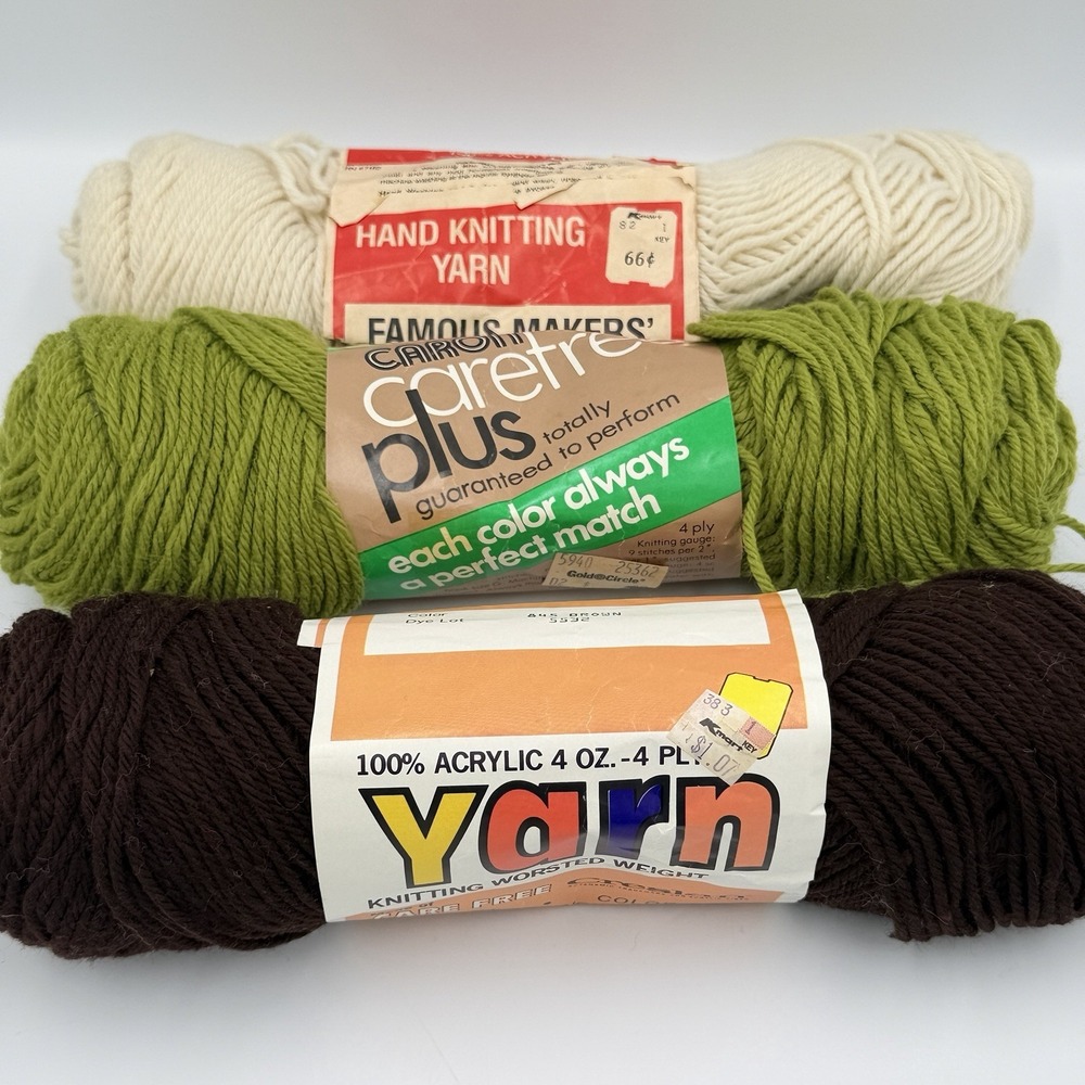 VTG Yarn Lot 3 Skeins Caron Carefree Plus Avocado Brown Cream Acrylic 70s Craft